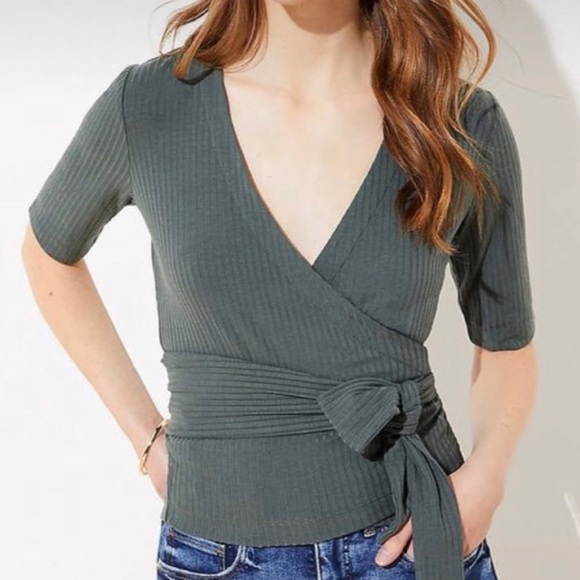 Loft Ribbed Wrap Top in Green - Picture 2 of 7